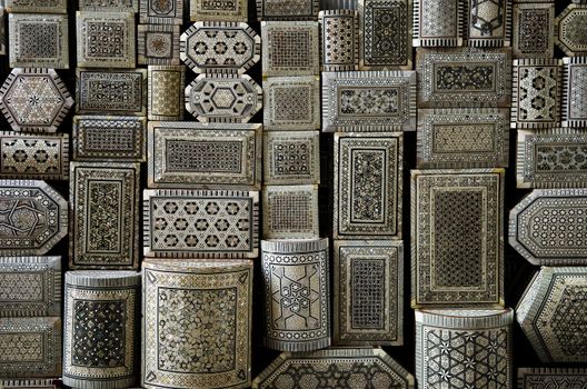 decorated souvenir boxes in cairo egypt souk market