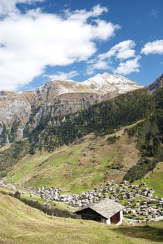 vals village in switzerland alps with alpine mountain landscape