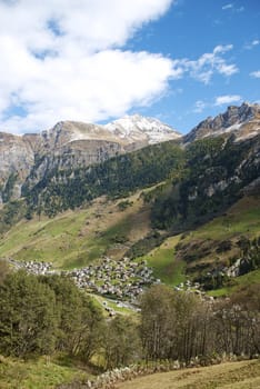 vals village in switzerland alps with alpine mountain landscape