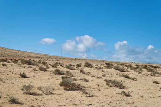 Wind power turbines on blue sky background and sandy lanscape, Fuerteventura, Spain