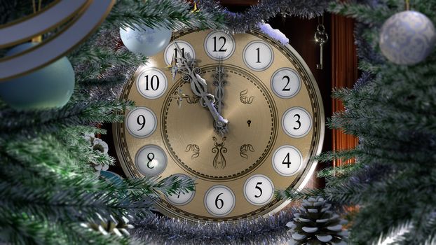 Happy New Year and Merry Christmas background with old clock,decorations, key and snow