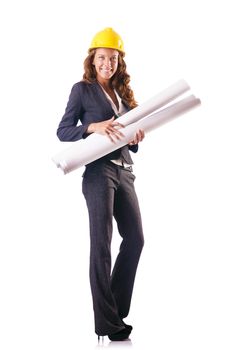 Woman construction worker with hard hat on white