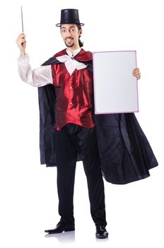 Magician with blank board on white