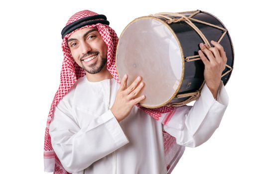 Arab man playing drum isolated on white