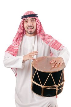 Arab man playing drum isolated on white