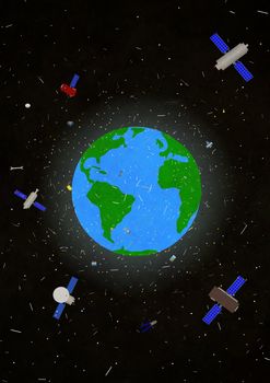 Illustration of the planet earth with space junk