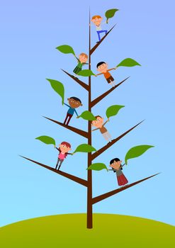Illustration of Children on a tree holding leaves