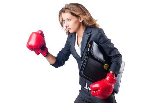 Woman businesswoman with boxing gloves on white