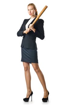 Businesswoman with baseball bat on white