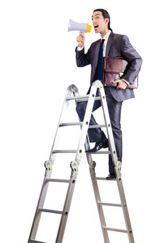 Businessman climbing career ladder on white