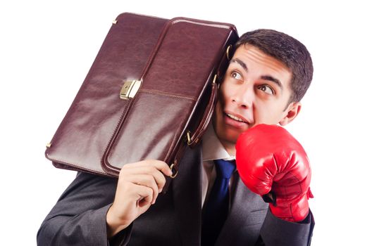 Businessman with boxing gloves on white