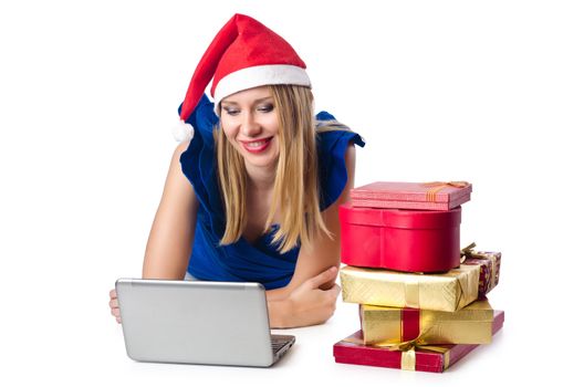 Santa woman with laptop on white