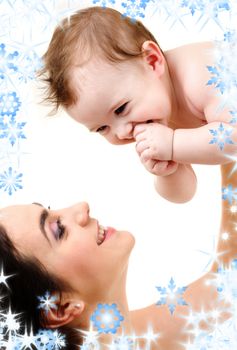 picture of happy mother with baby over white (focus on baby)