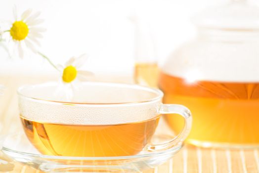 A teacup and a teapot with herbal chamomile tea