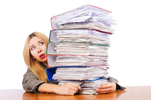 Busy woman with stacks of paper