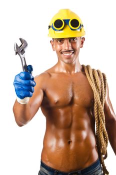 Naked construction worker on white