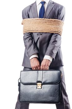 Man tied up with rope on white