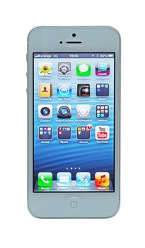 New iPhone 5 by Apple with Retina display isolated on white at Apple  Days, Piatra Neamt, 03.12.2012