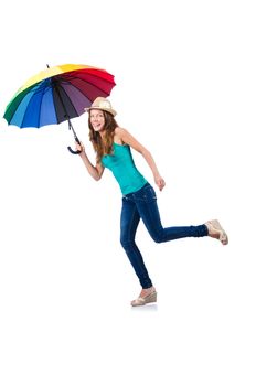 Young woman with umbrella on white