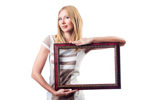 Woman with picture frame on white