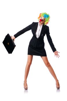 Businesswoman in clown costume on white