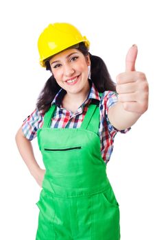 Female construction worker isolated on white