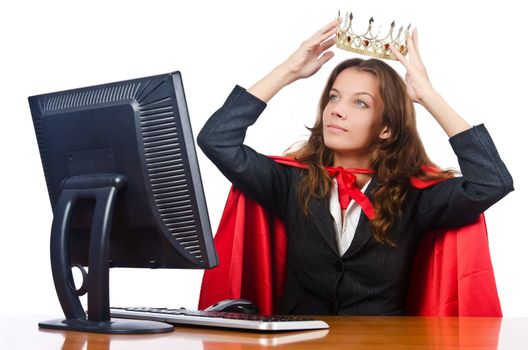 Superwoman worker with crown working in office