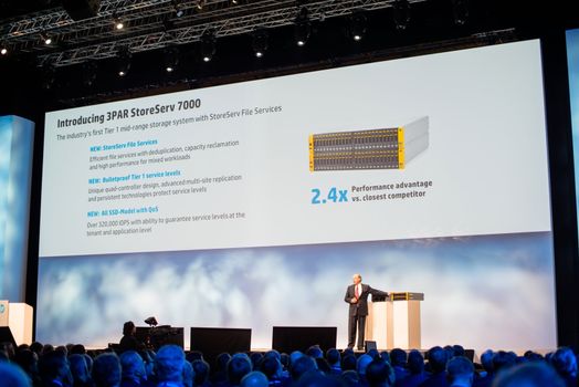 FRANKFURT – DECEMBER 4, 2012: HP Execute Vice President and General Manager Enterprise Group Dave Donatelli delivers a keynote at HP Discover 2012 conference on December 4, 2012 in Frankfurt, Germany.