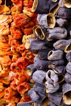 red dry peppers and eggplants on rope for cooking, its made in Turkey and shops sell these in bazaars