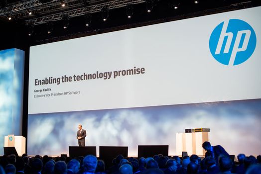 FRANKFURT – DECEMBER 4, 2012: George Kadifa, newly designated Execute Vice President HP Software, delivers a keynote at HP Discover 2012 conference on December 4, 2012 in Frankfurt, Germany.