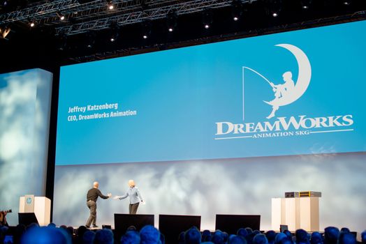 FRANKFURT – DECEMBER 4, 2012: HP president and CEO Meg Whitman welcomes Dreamworks CEO Jeffrey Katzenberg for a keynote at HP Discover 2012 conference on December 4, 2012 in Frankfurt, Germany.