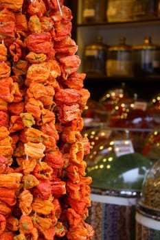 red dry peppers on rope for cooking, its made in Turkey and shops sell these in bazaars