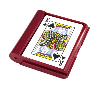 playing cards in box on white background