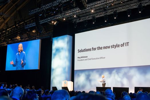 FRANKFURT – DECEMBER 4, 2012: HP president and CEO Meg Whitman delivers a keynote at HP Discover 2012 conference on December 4, 2012 in Frankfurt, Germany.
