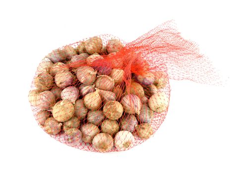 Net of garlic bulbs on white