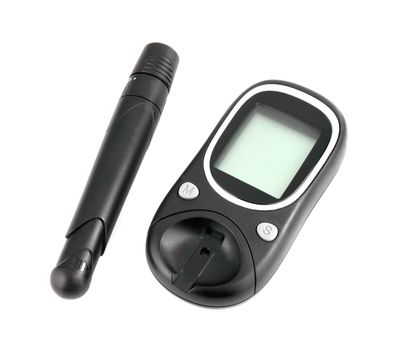 Glucometer for checking blood sugar levels isolated on a white background