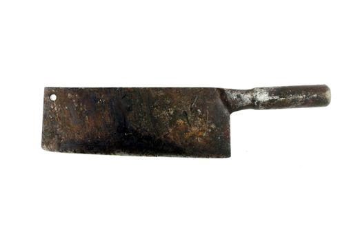 Old rusty meat cleaver on white background