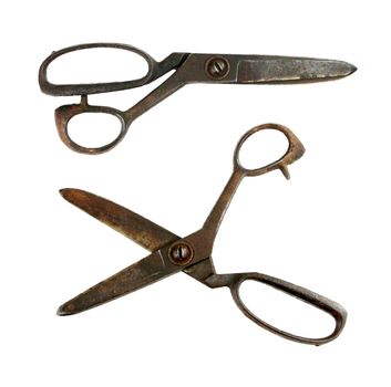 two old rusty scissors on white background