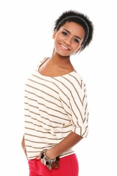 Young smiling black woman in studio isolated on a white