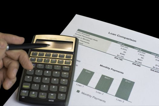 Loan comparison, data sheets, calculator and pen