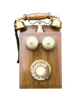 Antique wooden telephone isolated on white background with clipping path 