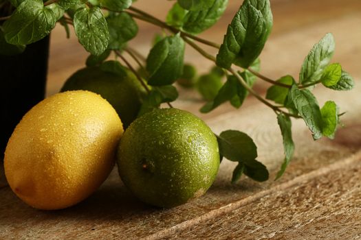 Green lime, yellow lemon and fresh mint on wooden surface