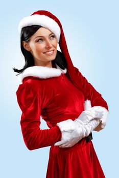 Santa Girl presenting your product, in costume and white gloves