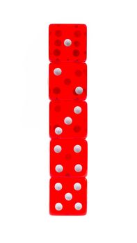 Five transparent  red dice on a white background