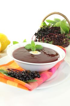 fresh healthy elderberry soup with dollop of whipped cream and mint on a light background