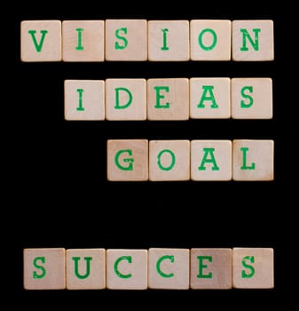 Green letters on old wooden blocks (vision, goal, succes, ideas)