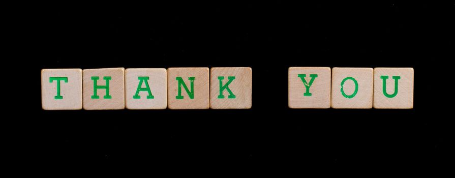 Green letters on old wooden blocks (thank, you)