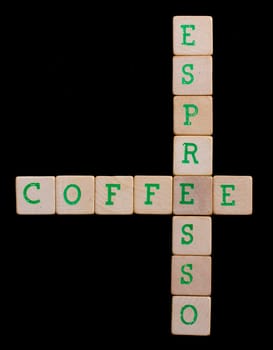 Green letters on old wooden blocks (coffee, espresso)