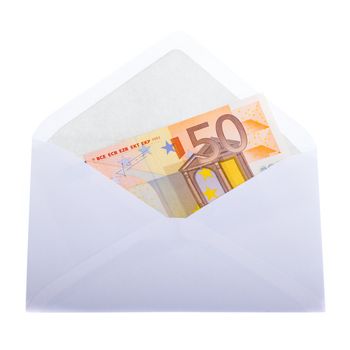 An 50 euro banknote in an envelope on a white background