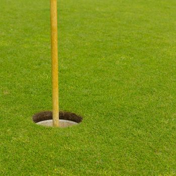 Golf hole and flag with the green grass